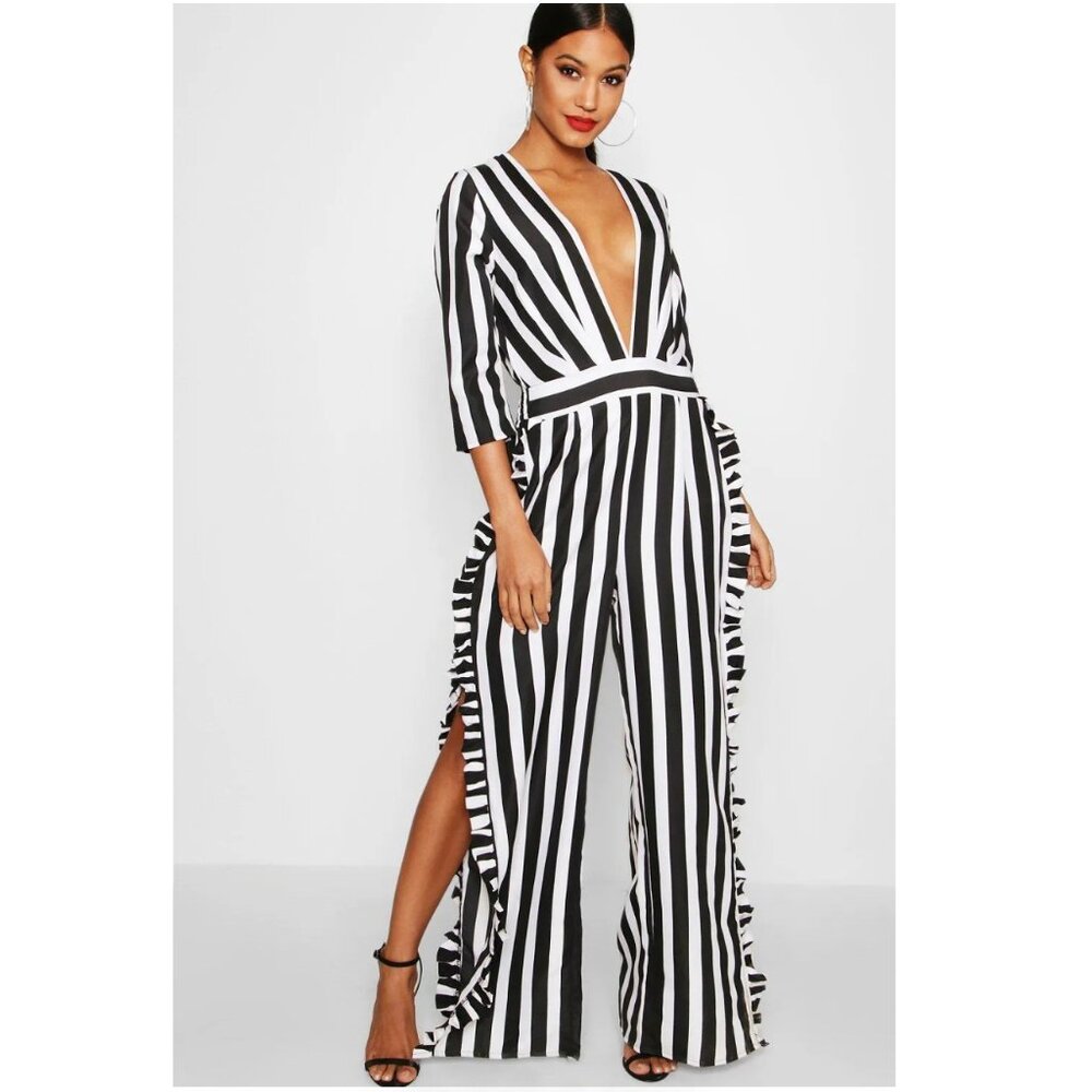 NWT- Boohoo Black and White Striped Ruffle Slit Leg Jumpsuit